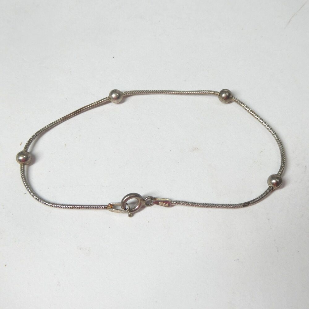 Sterling Silver Chain Bracelet or Anklet 7" w/ Round Ball Beads FA8 925